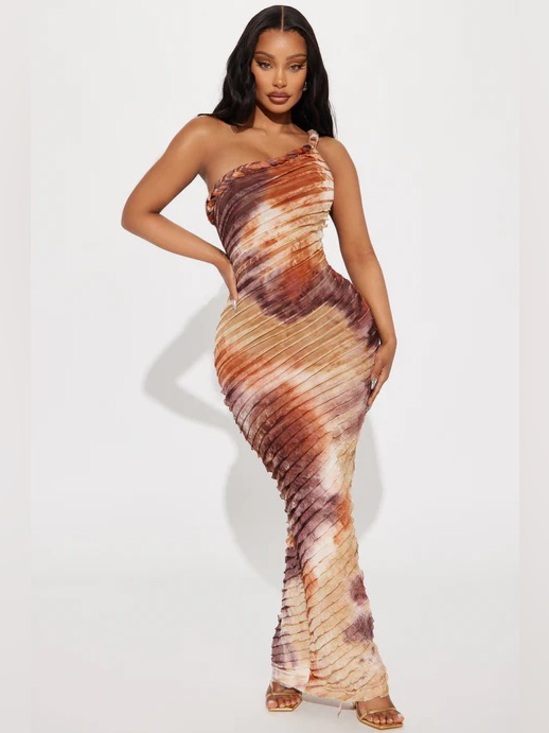 Fashion Nova Dresses & Skirts - Fashion Nova One-Shoulder Tie-Dye Ribbed Maxi Dress in Brown and Cream